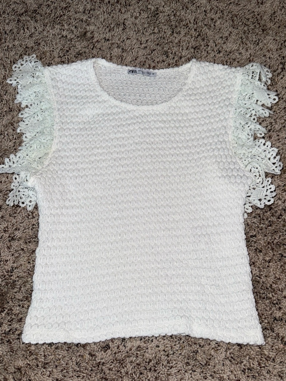 Zara White Crochet Knit Top with Lace Sleeve Detail